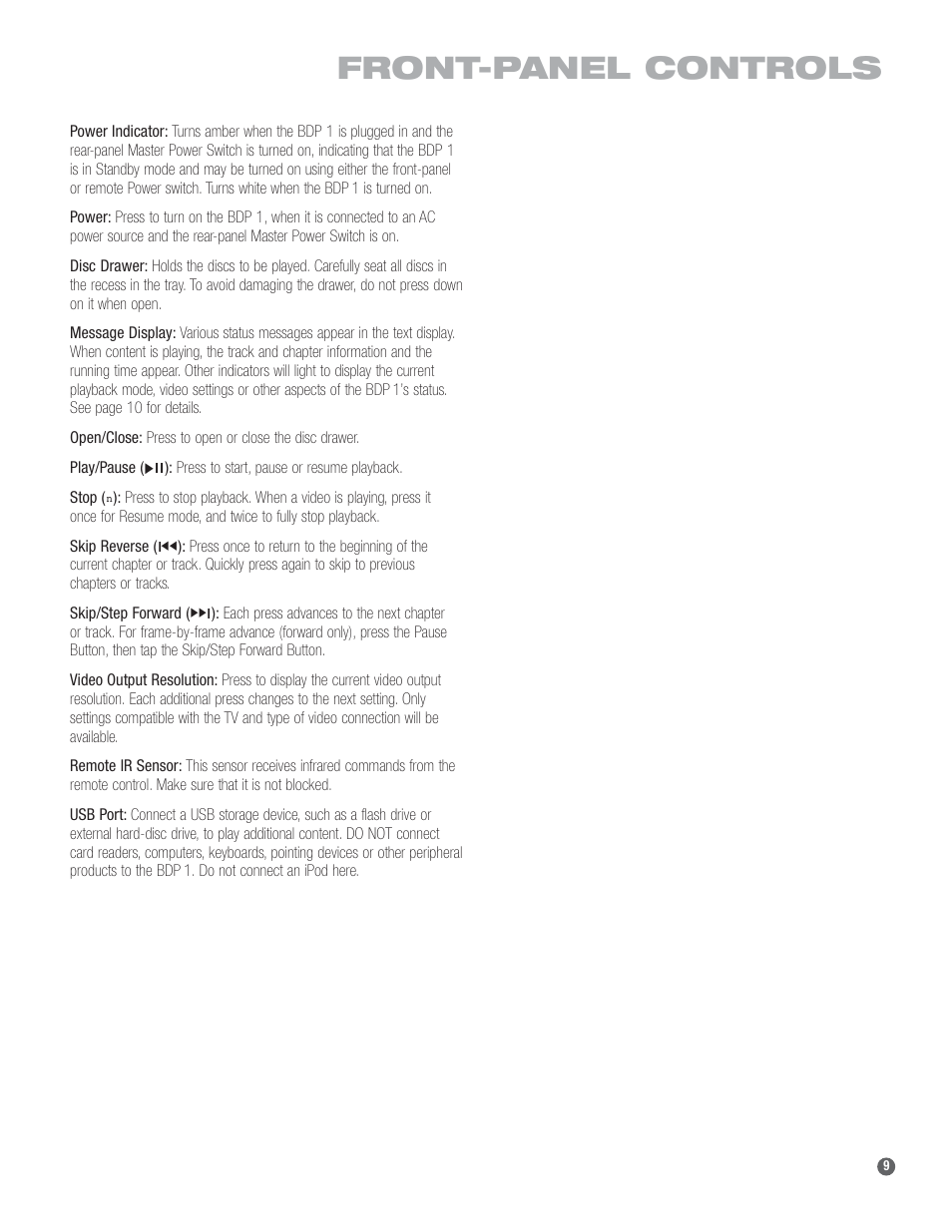 Front-panel controls | Harman-Kardon BDP 1 User Manual | Page 9 / 33