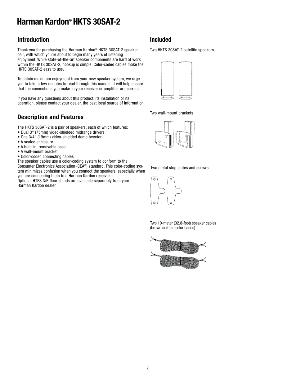 Harman kardon, Hkts 30sat-2, Introduction | Description and features, Included | Harman-Kardon HKTS30SAT-2 User Manual | Page 2 / 8