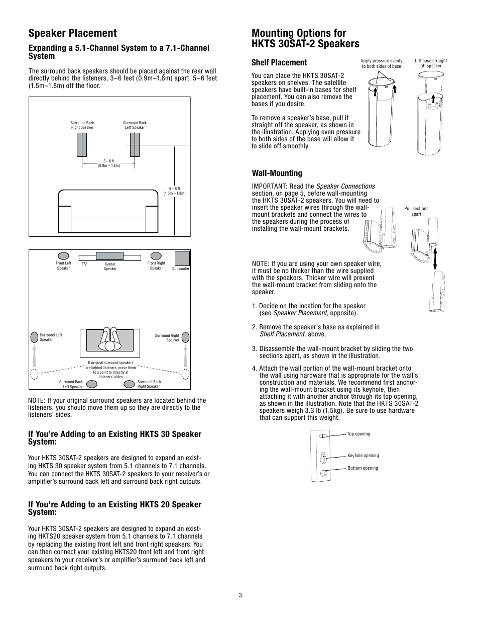 Speaker placement, Mounting options for hkts 30sat-2 speakers, Shelf placement | Wall-mounting | Harman-Kardon HKTS30SAT-2 User Manual | Page 3 / 8