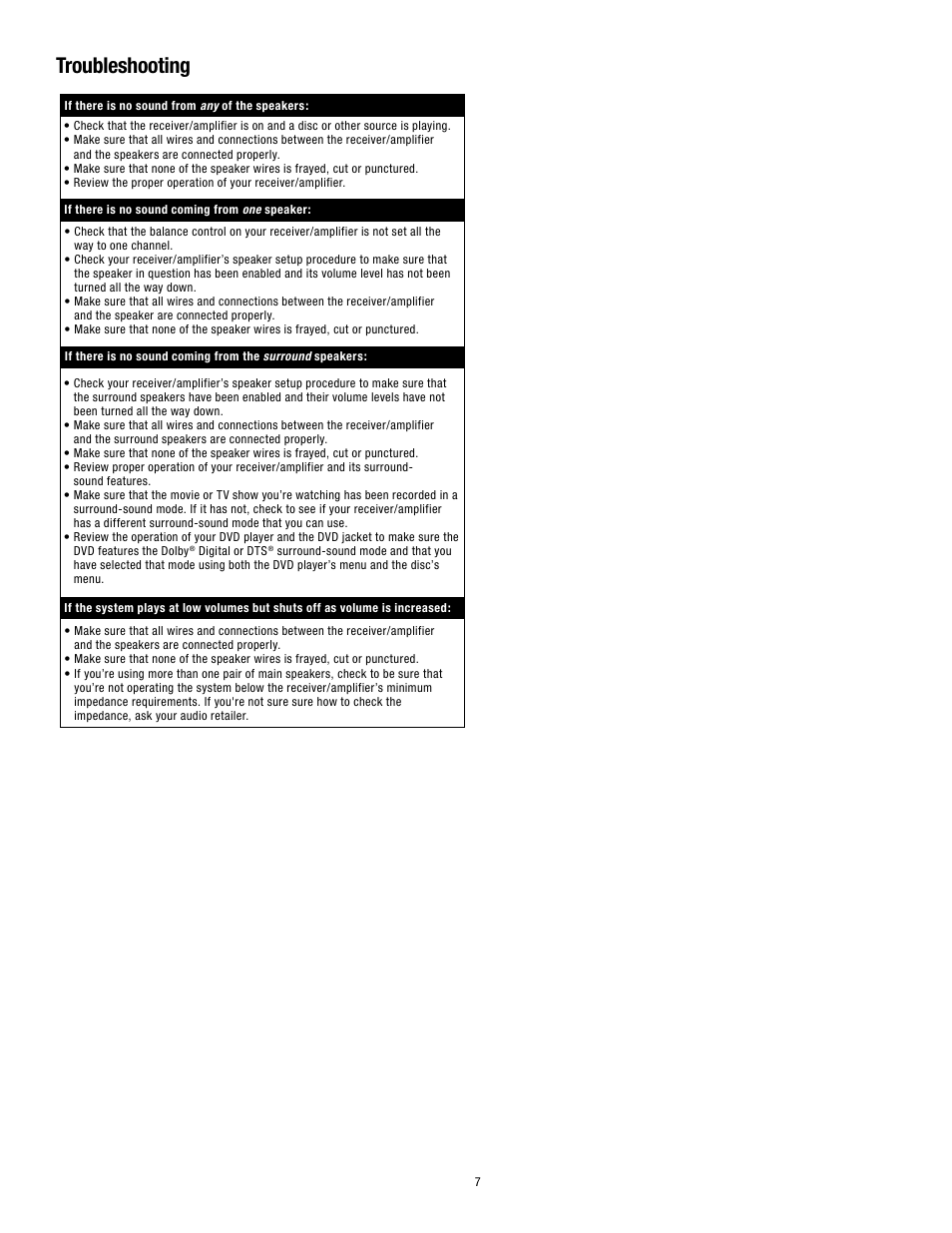Troubleshooting | Harman-Kardon HKTS30SAT-2 User Manual | Page 7 / 8