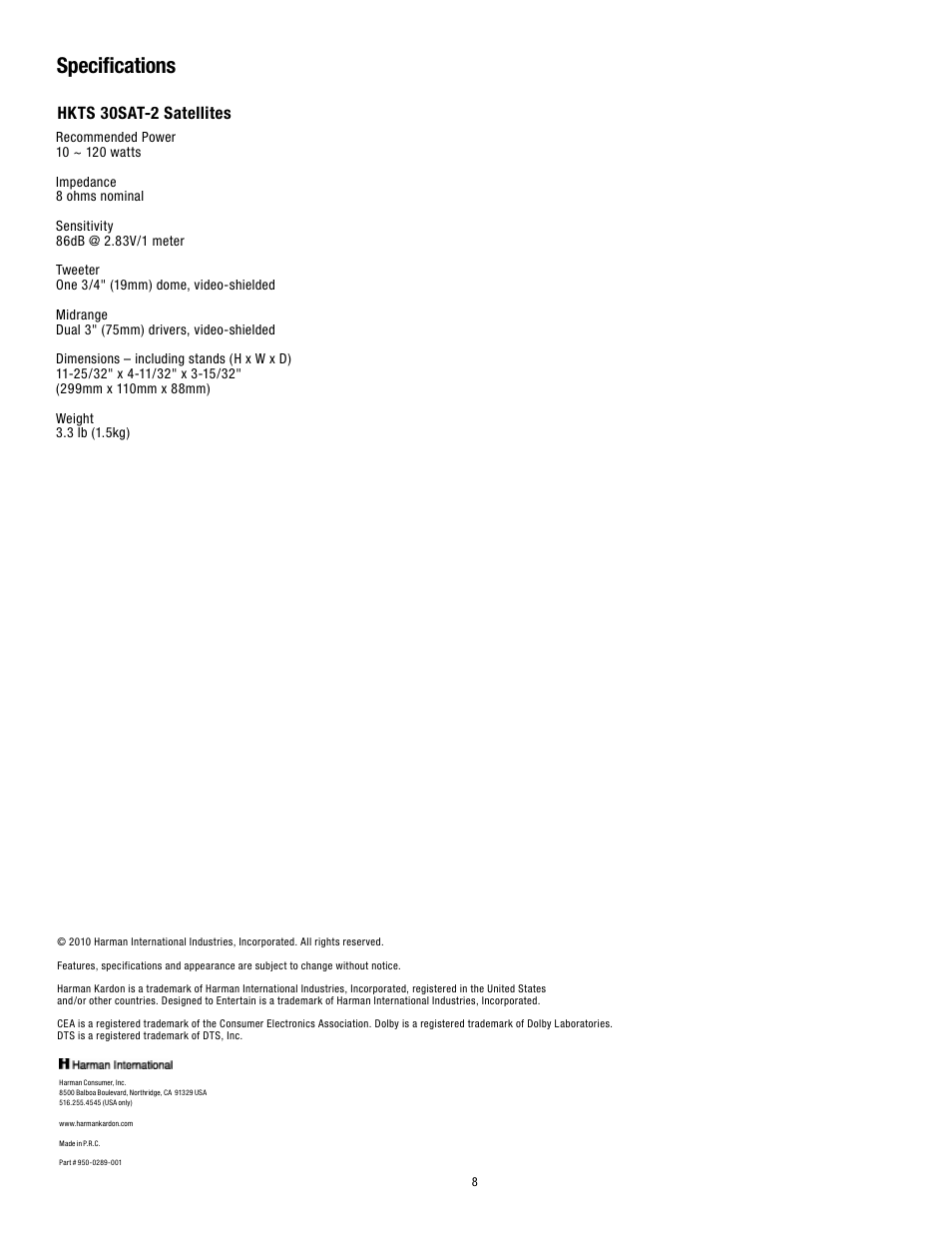Specifications, Hkts 30sat-2 satellites | Harman-Kardon HKTS30SAT-2 User Manual | Page 8 / 8