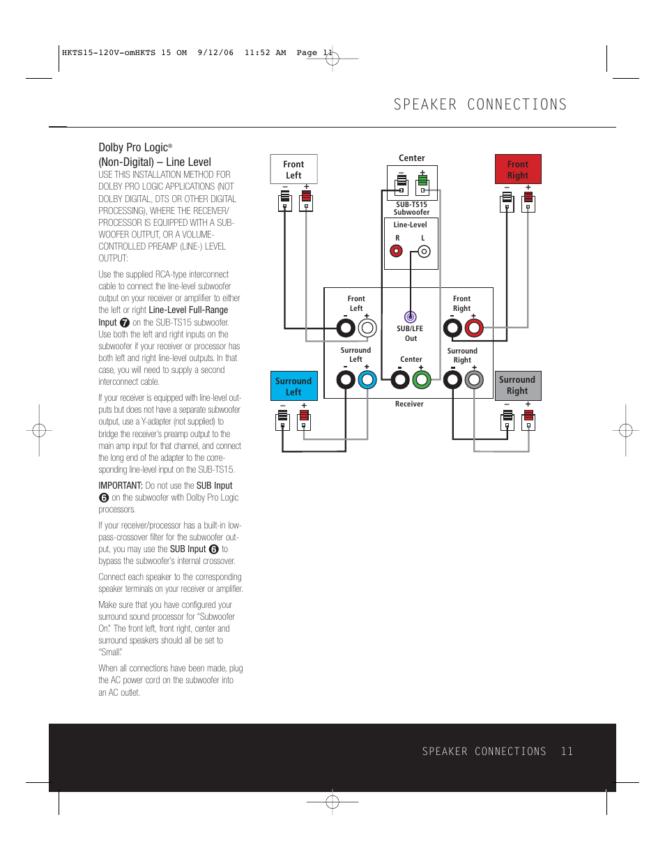 Speaker connections, Dolby pro logic, Non-digital) – line level | Harman-Kardon HKTS 15 User Manual | Page 11 / 16