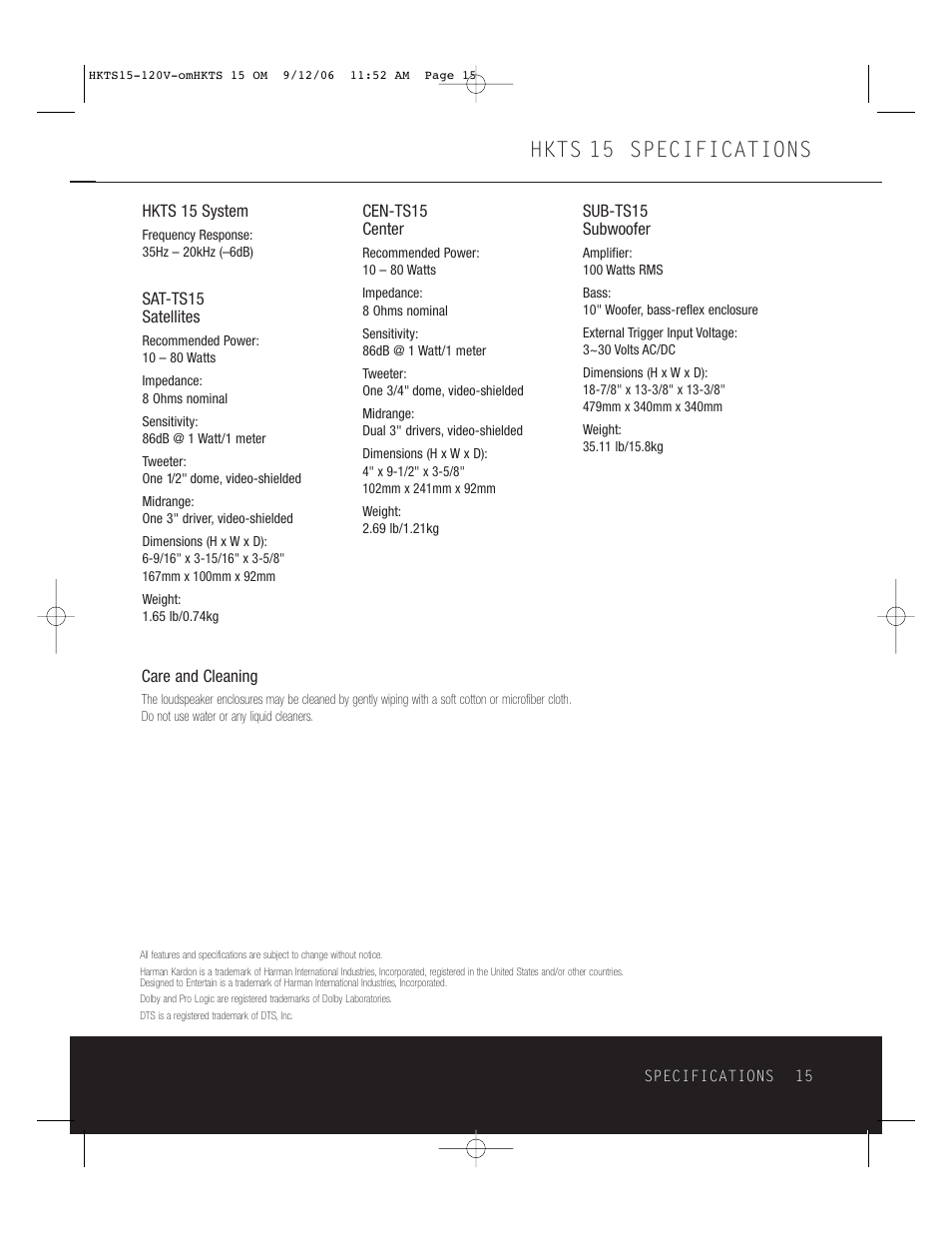 Hkts 15 specifications | Harman-Kardon HKTS 15 User Manual | Page 15 / 16