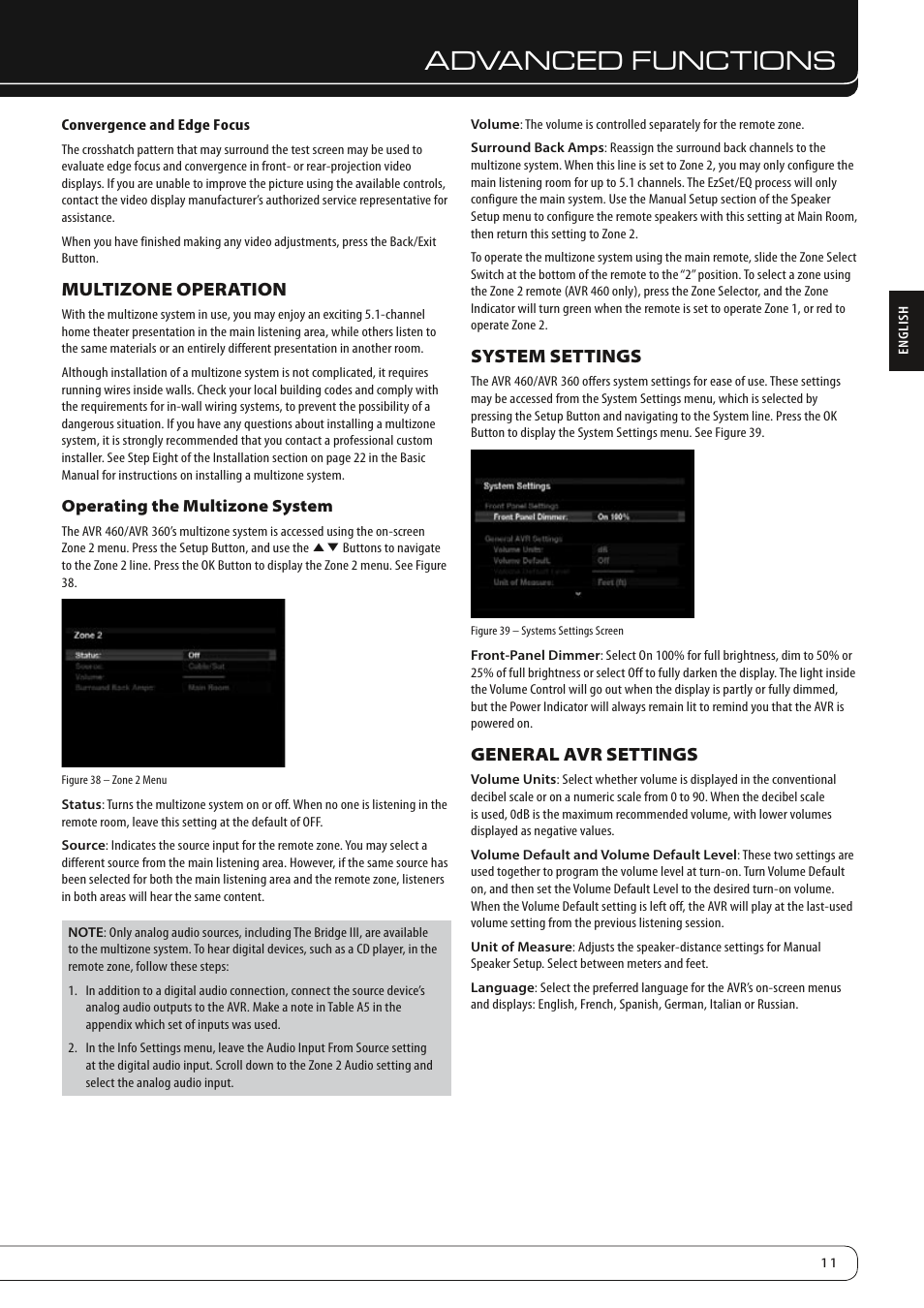 Advanced functions, Multizone operation, System settings | General avr settings | Harman-Kardon AVR 460 User Manual | Page 11 / 28