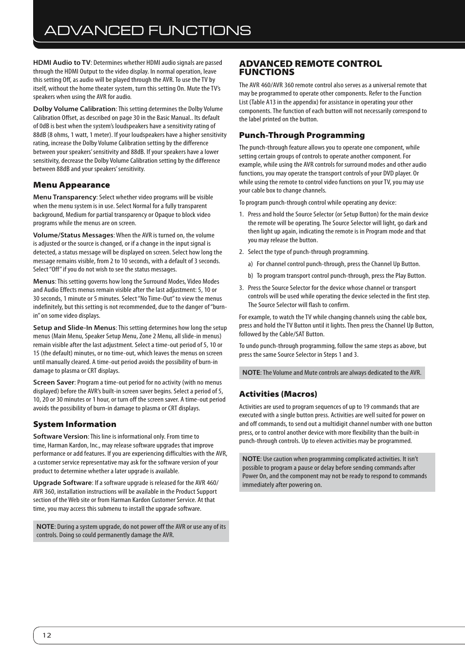 Advanced functions, Advanced remote control functions | Harman-Kardon AVR 460 User Manual | Page 12 / 28