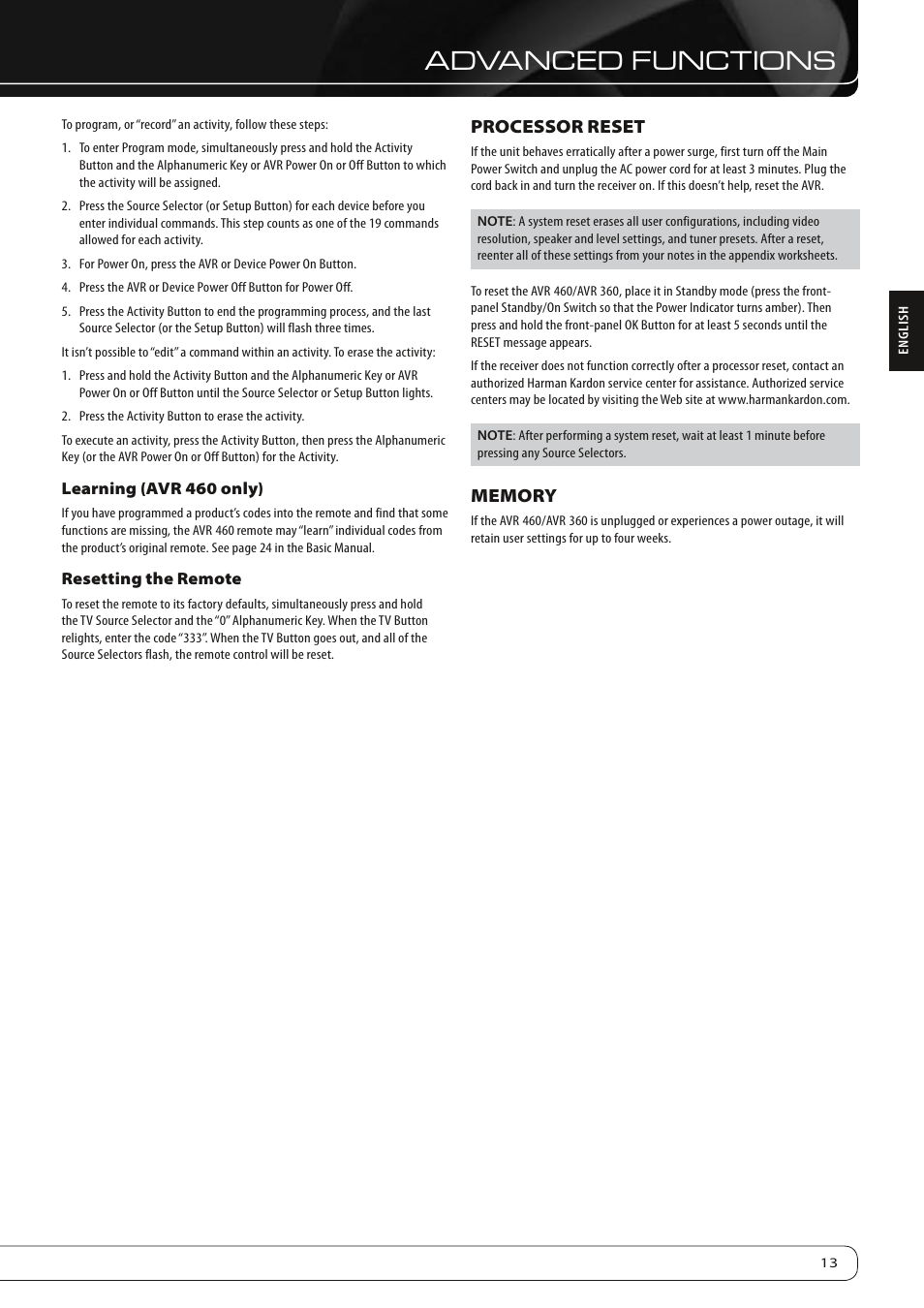 Advanced functions, Processor reset | Harman-Kardon AVR 460 User Manual | Page 13 / 28