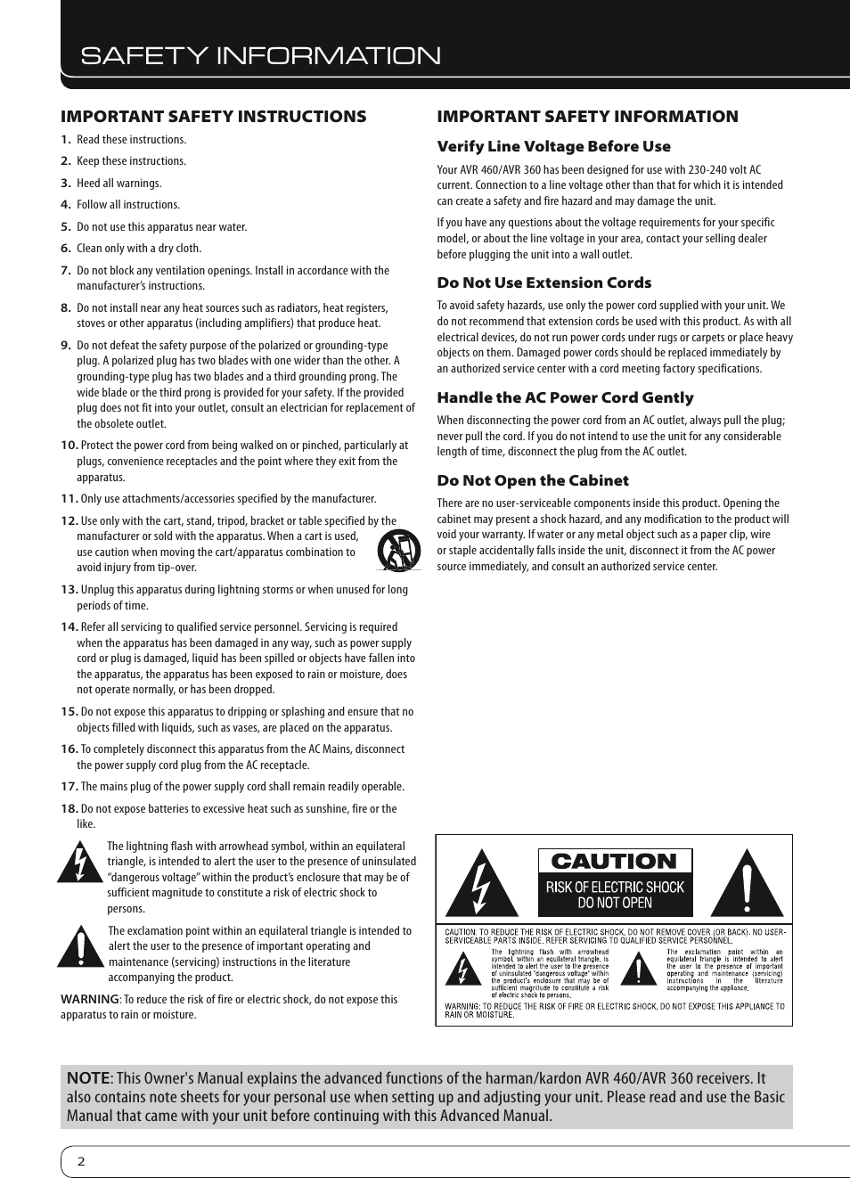 Safety information, Important safety instructions, Important safety information | Harman-Kardon AVR 460 User Manual | Page 2 / 28