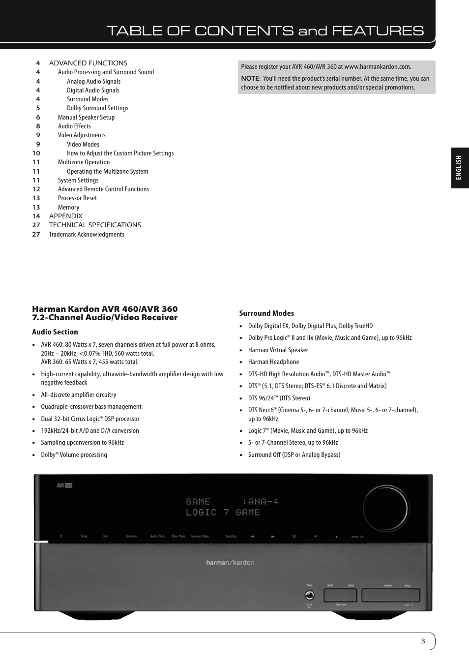 Table of contents and features | Harman-Kardon AVR 460 User Manual | Page 3 / 28