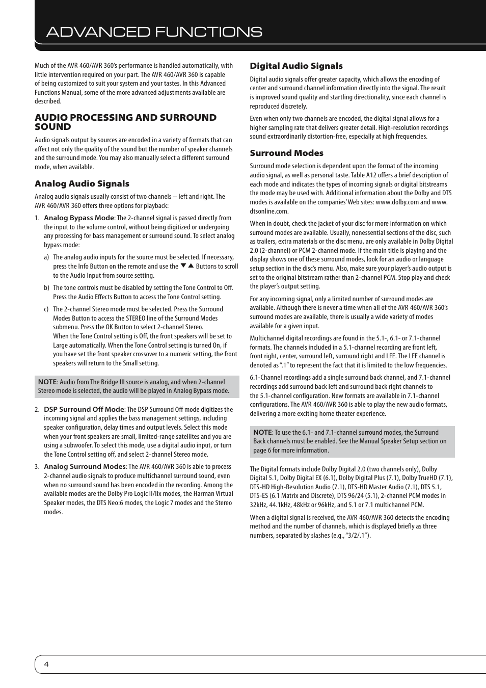 Advanced functions, Audio processing and surround sound | Harman-Kardon AVR 460 User Manual | Page 4 / 28