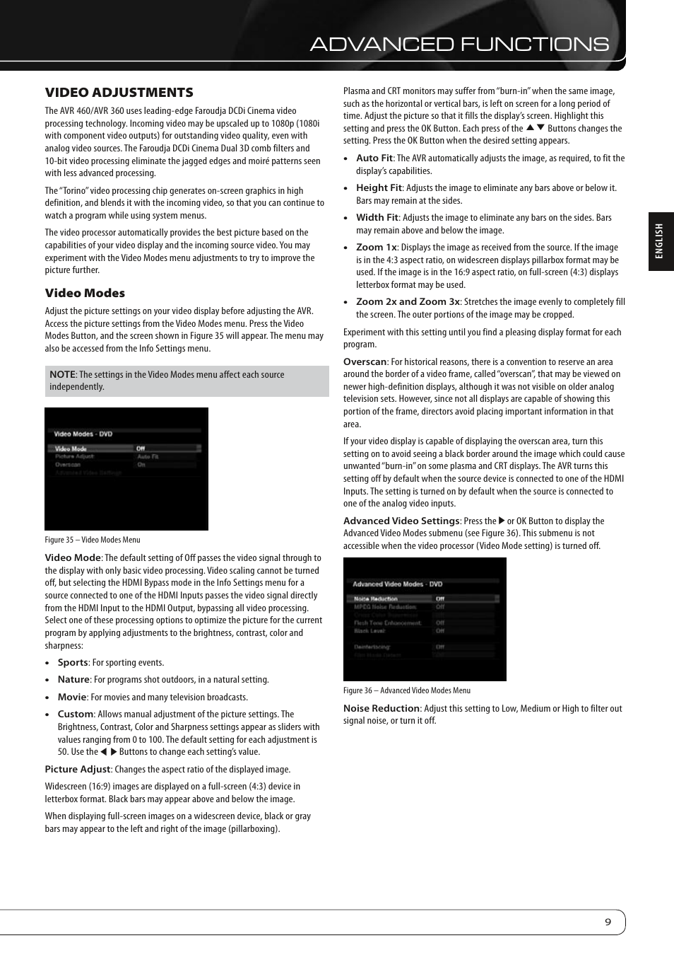 Advanced functions, Video adjustments | Harman-Kardon AVR 460 User Manual | Page 9 / 28