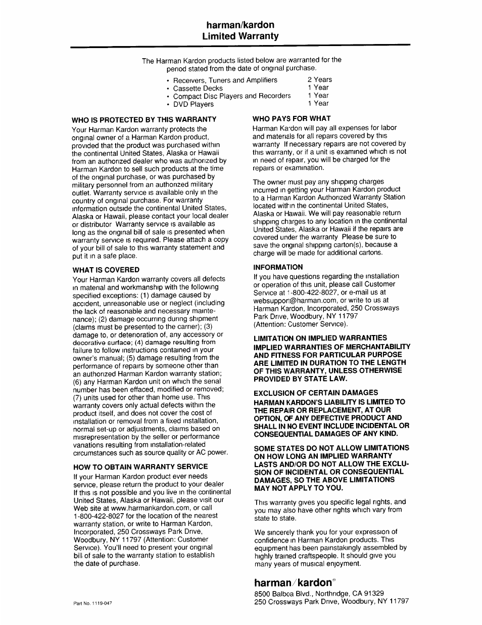 Warranty info | Harman-Kardon AVR 110 User Manual | Page 49 / 56
