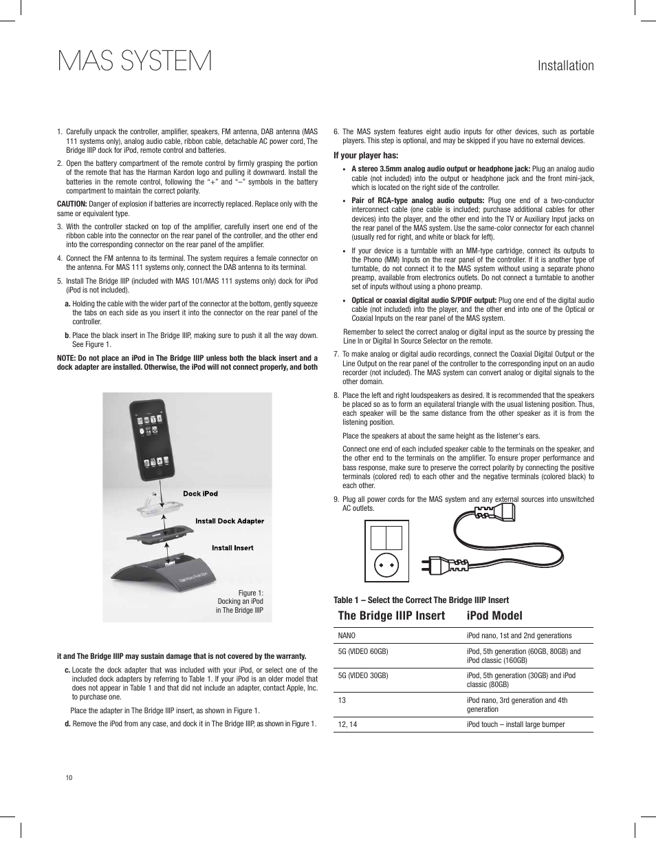 Mas system, Installation, The bridge iiip insert ipod model | Harman-Kardon MAS 101 User Manual | Page 10 / 20