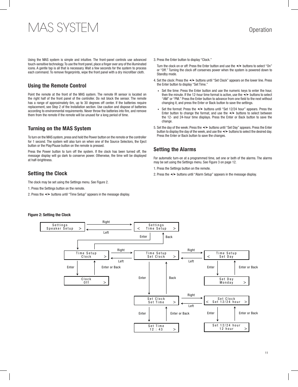 Mas system, Operation, Using the remote control | Turning on the mas system, Setting the clock, Setting the alarms | Harman-Kardon MAS 101 User Manual | Page 11 / 20