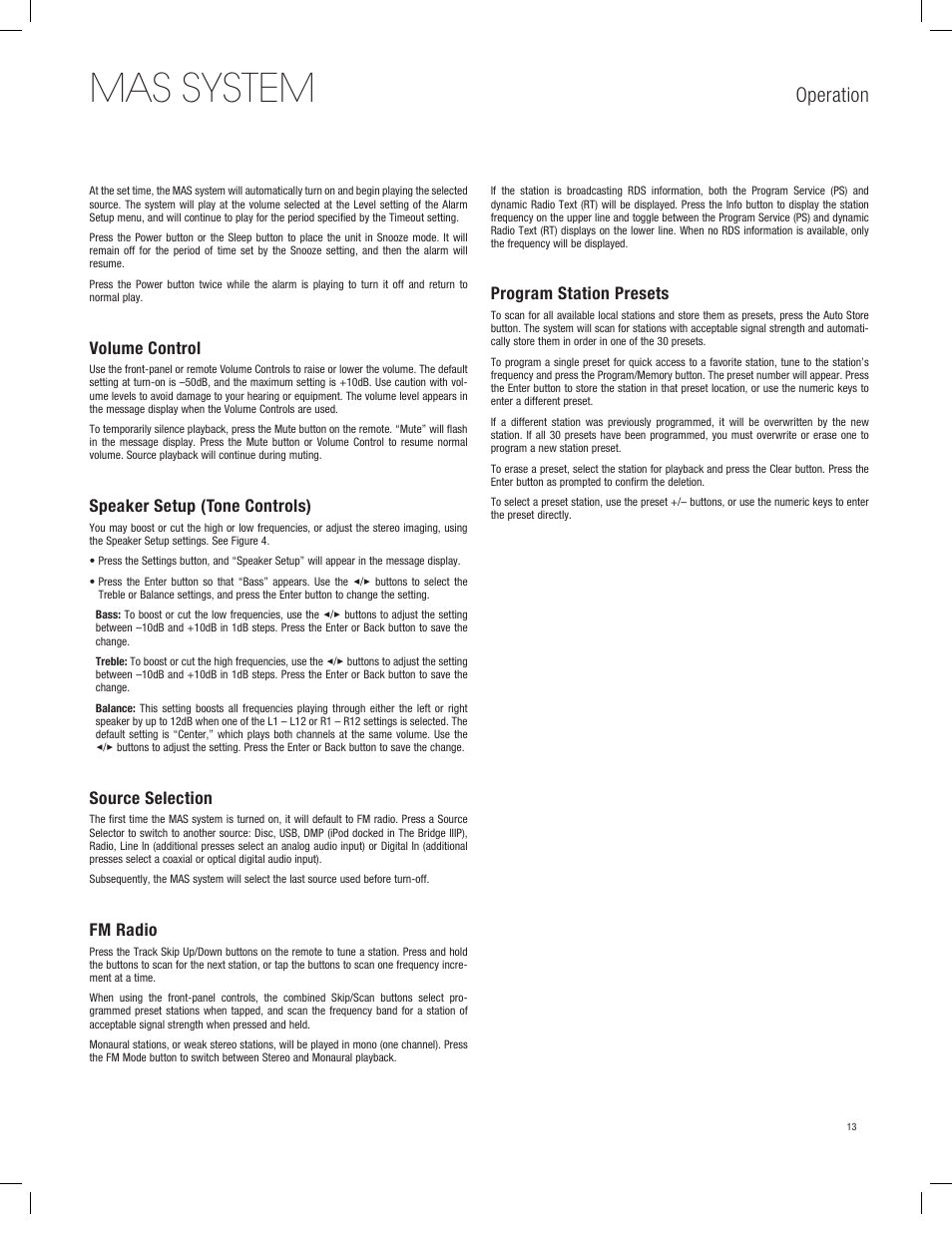 Mas system, Operation, Volume control | Speaker setup (tone controls), Source selection, Fm radio, Program station presets | Harman-Kardon MAS 101 User Manual | Page 13 / 20