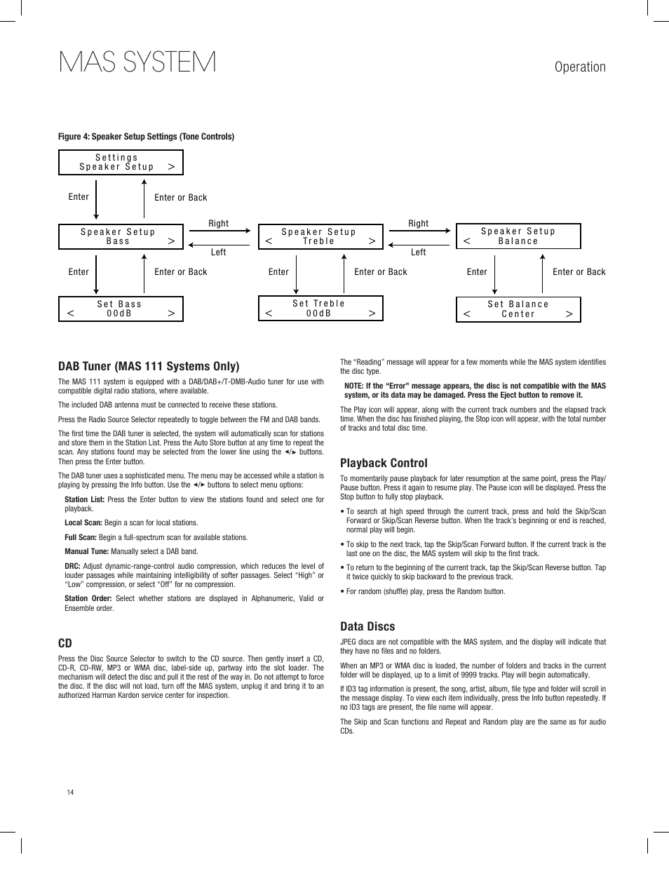 Mas system, Operation, Dab tuner (mas 111 systems only) | Playback control, Data discs | Harman-Kardon MAS 101 User Manual | Page 14 / 20