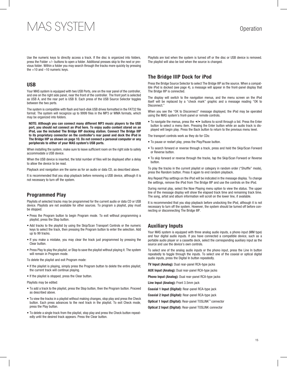 Mas system, Operation, Programmed play | The bridge iiip dock for ipod, Auxiliary inputs | Harman-Kardon MAS 101 User Manual | Page 15 / 20