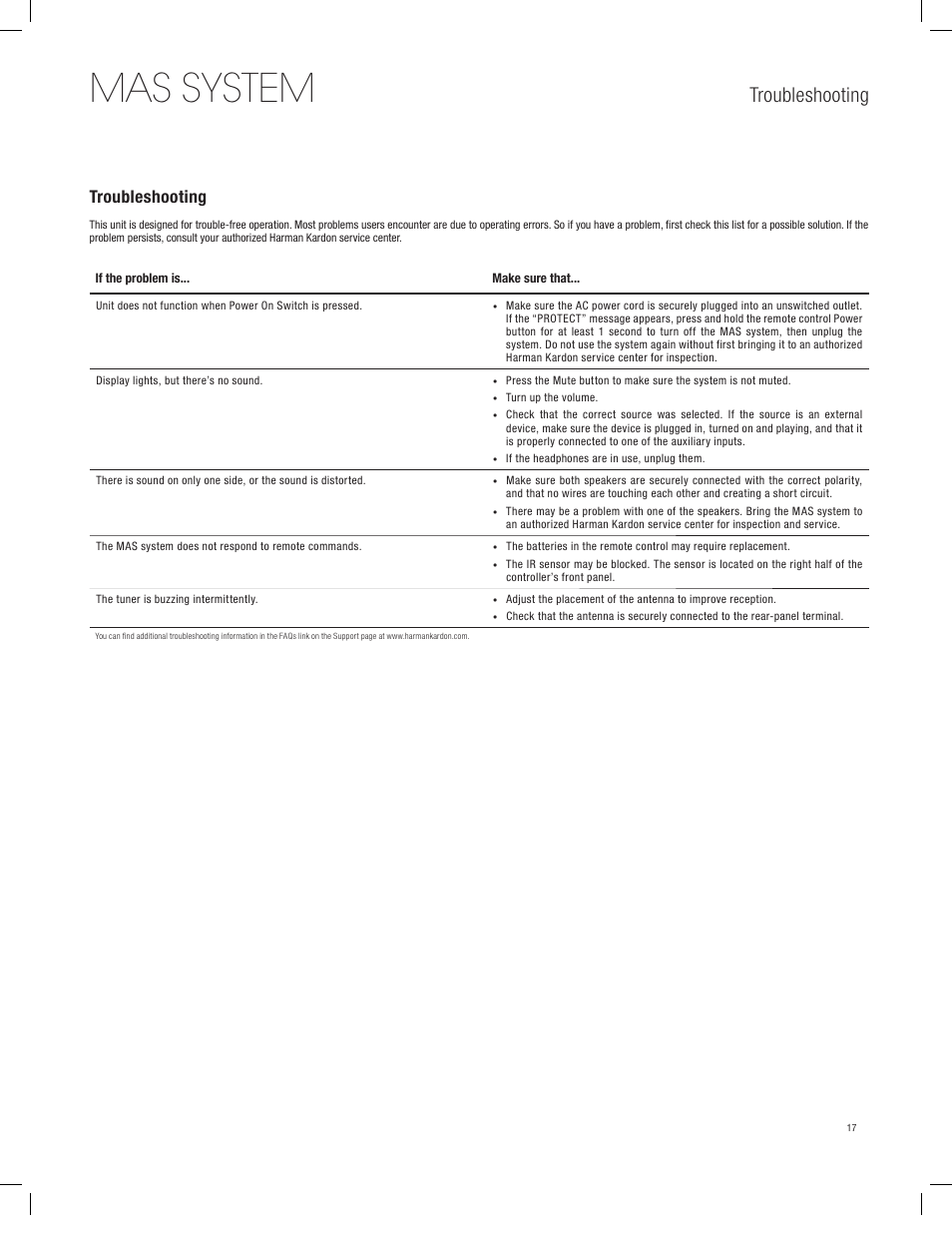 Mas system, Troubleshooting | Harman-Kardon MAS 101 User Manual | Page 17 / 20