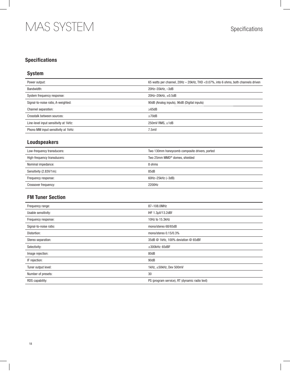Mas system, Specifications, System | Loudspeakers | Harman-Kardon MAS 101 User Manual | Page 18 / 20