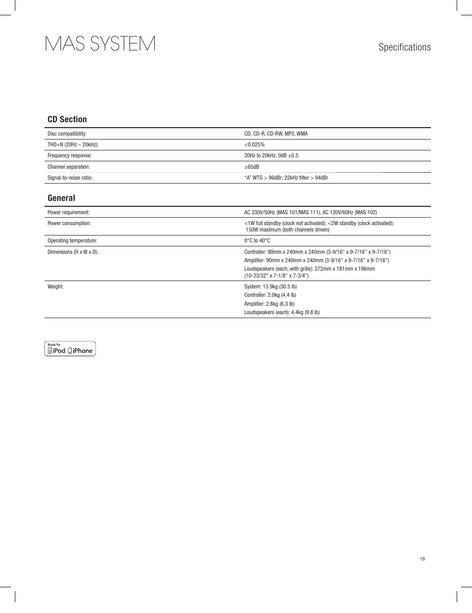 Mas system, Specifications, General | Harman-Kardon MAS 101 User Manual | Page 19 / 20