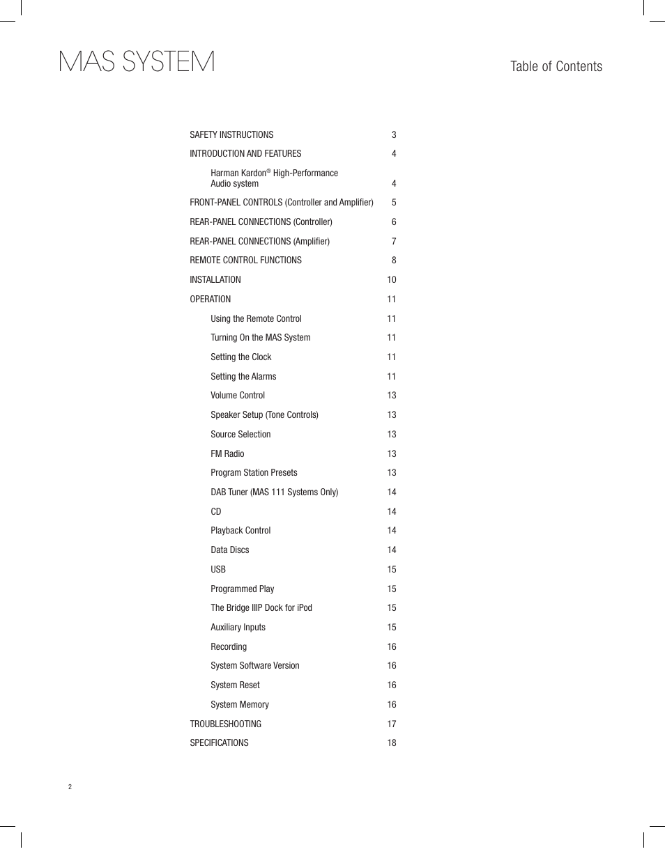 Harman-Kardon MAS 101 User Manual | Page 2 / 20