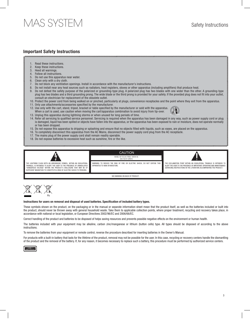 Mas system, Safety instructions, Important safety instructions | Harman-Kardon MAS 101 User Manual | Page 3 / 20