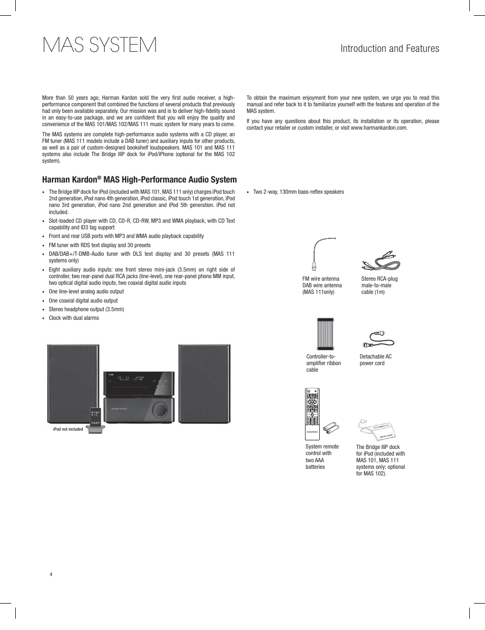 Mas system, Introduction and features, Harman kardon | Mas high-performance audio system | Harman-Kardon MAS 101 User Manual | Page 4 / 20