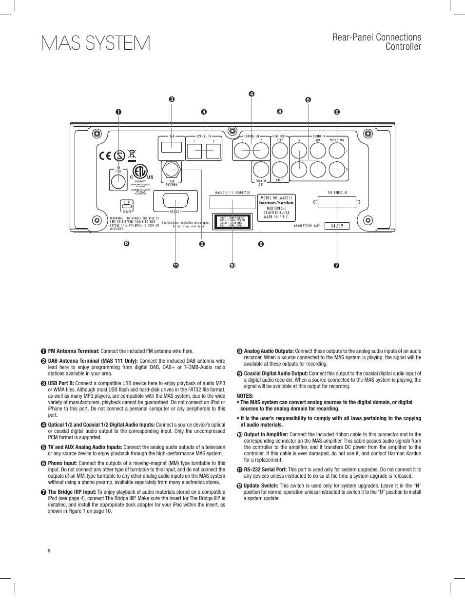 Mas system, Rear-panel connections controller | Harman-Kardon MAS 101 User Manual | Page 6 / 20