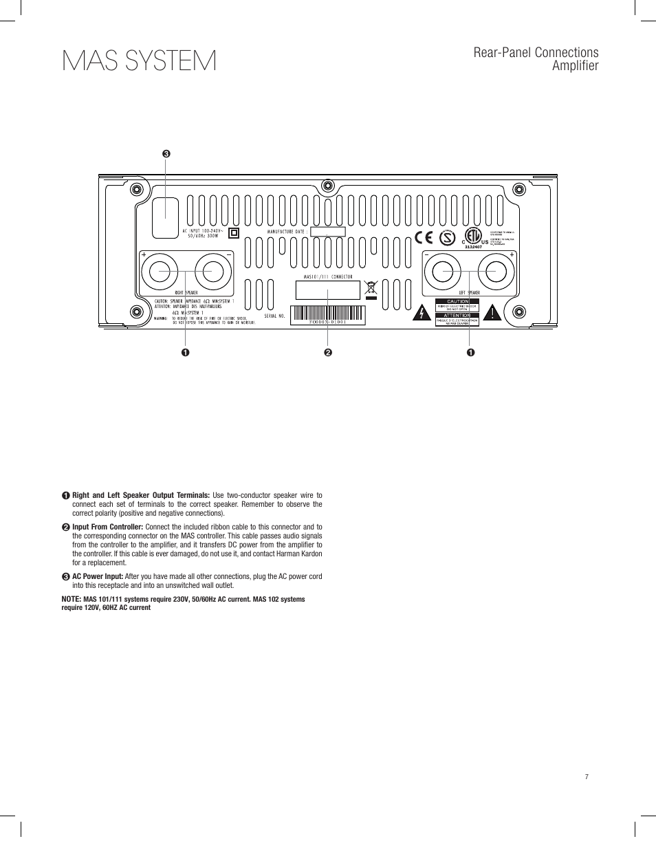 Mas system, Rear-panel connections amplifier | Harman-Kardon MAS 101 User Manual | Page 7 / 20