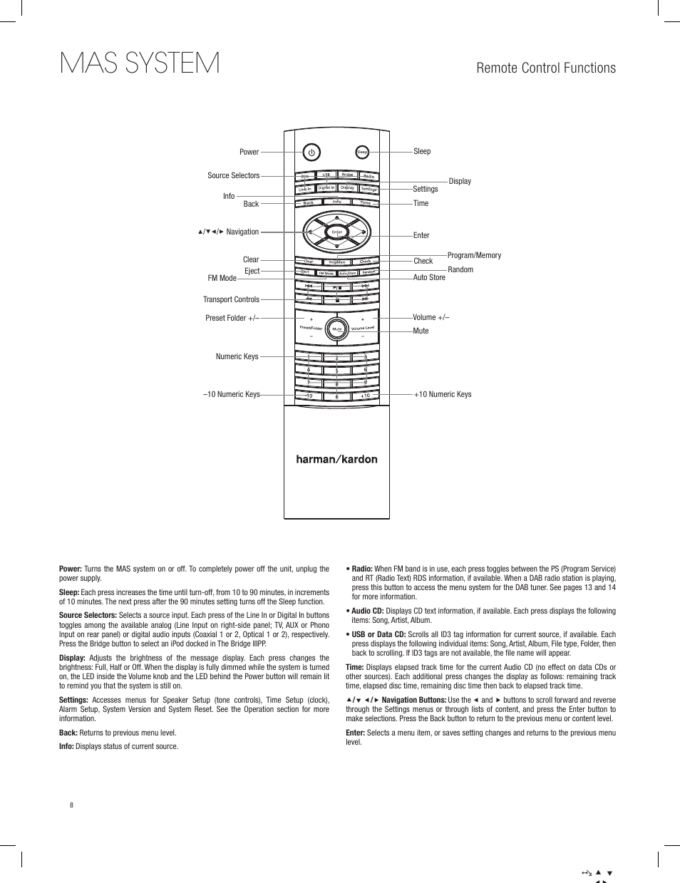 Mas system, Remote control functions | Harman-Kardon MAS 101 User Manual | Page 8 / 20