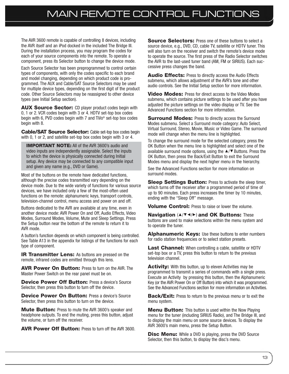 Main remote control functions | Harman-Kardon AVR 3600 User Manual | Page 13 / 66