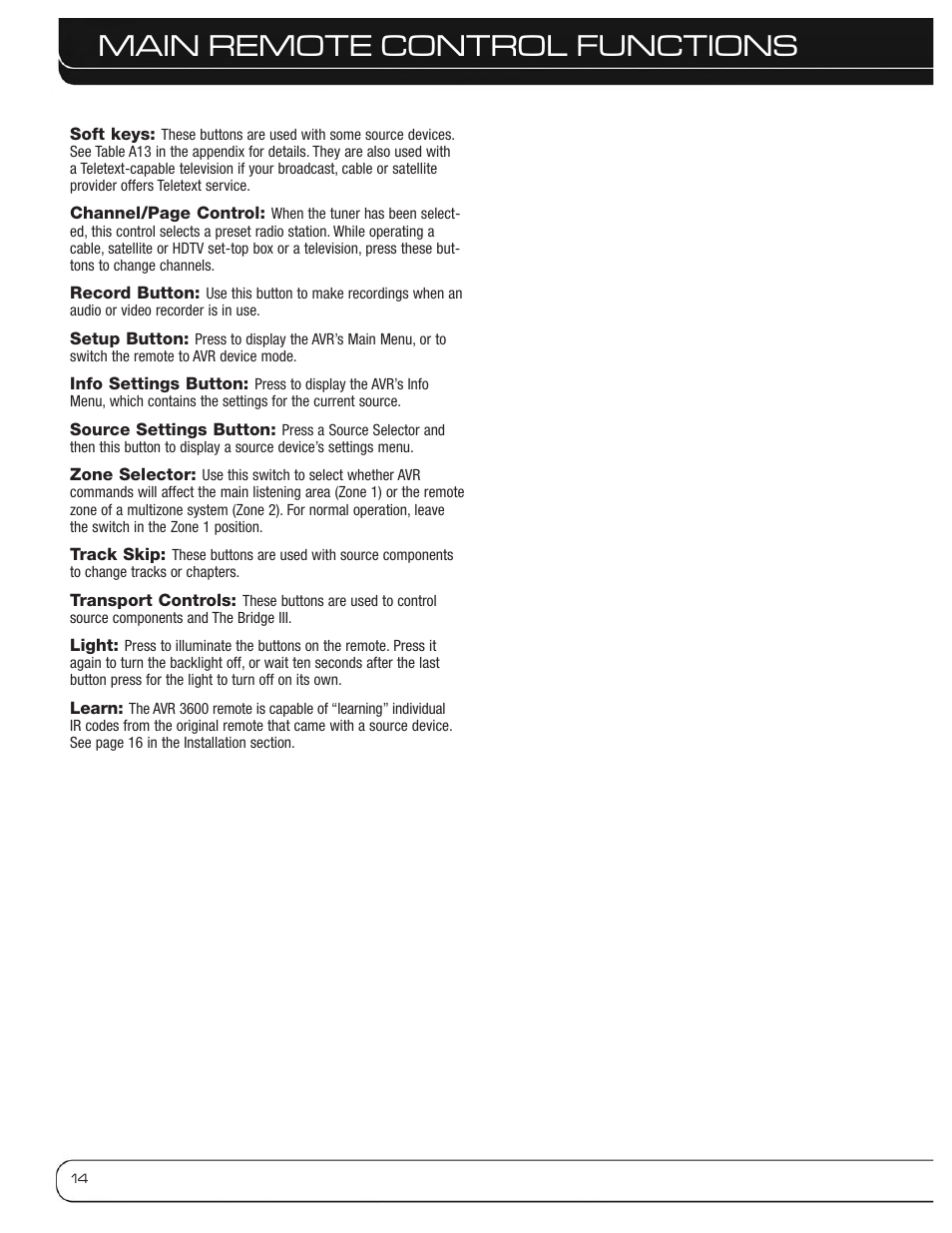 Main remote control functions | Harman-Kardon AVR 3600 User Manual | Page 14 / 66