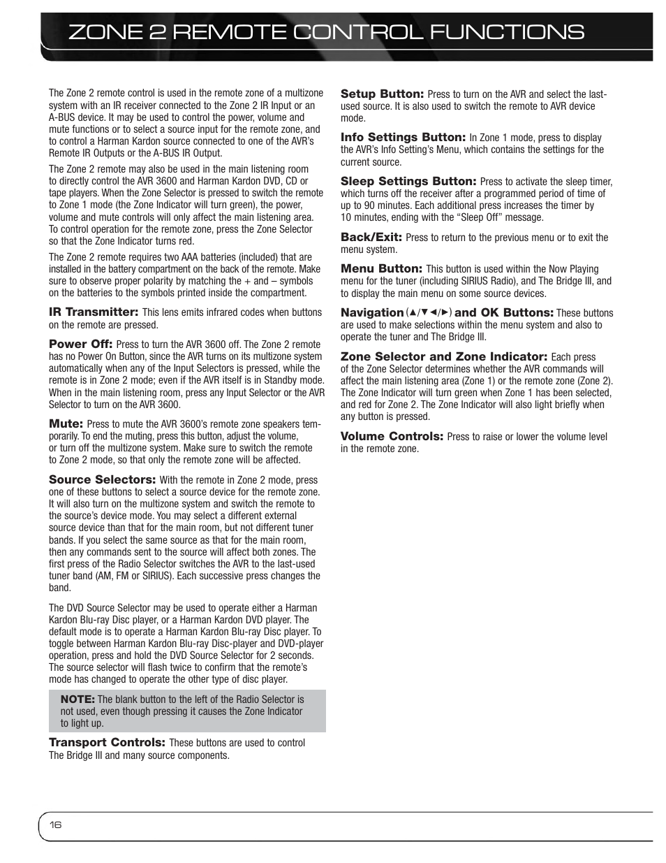 Zone 2 remote control functions | Harman-Kardon AVR 3600 User Manual | Page 16 / 66