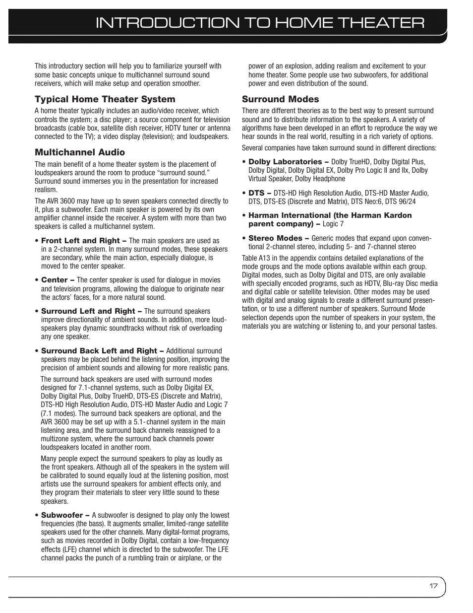 Introduction to home theater | Harman-Kardon AVR 3600 User Manual | Page 17 / 66