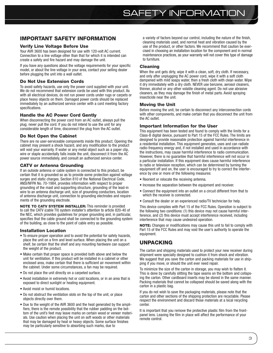 Safety information | Harman-Kardon AVR 3600 User Manual | Page 3 / 66