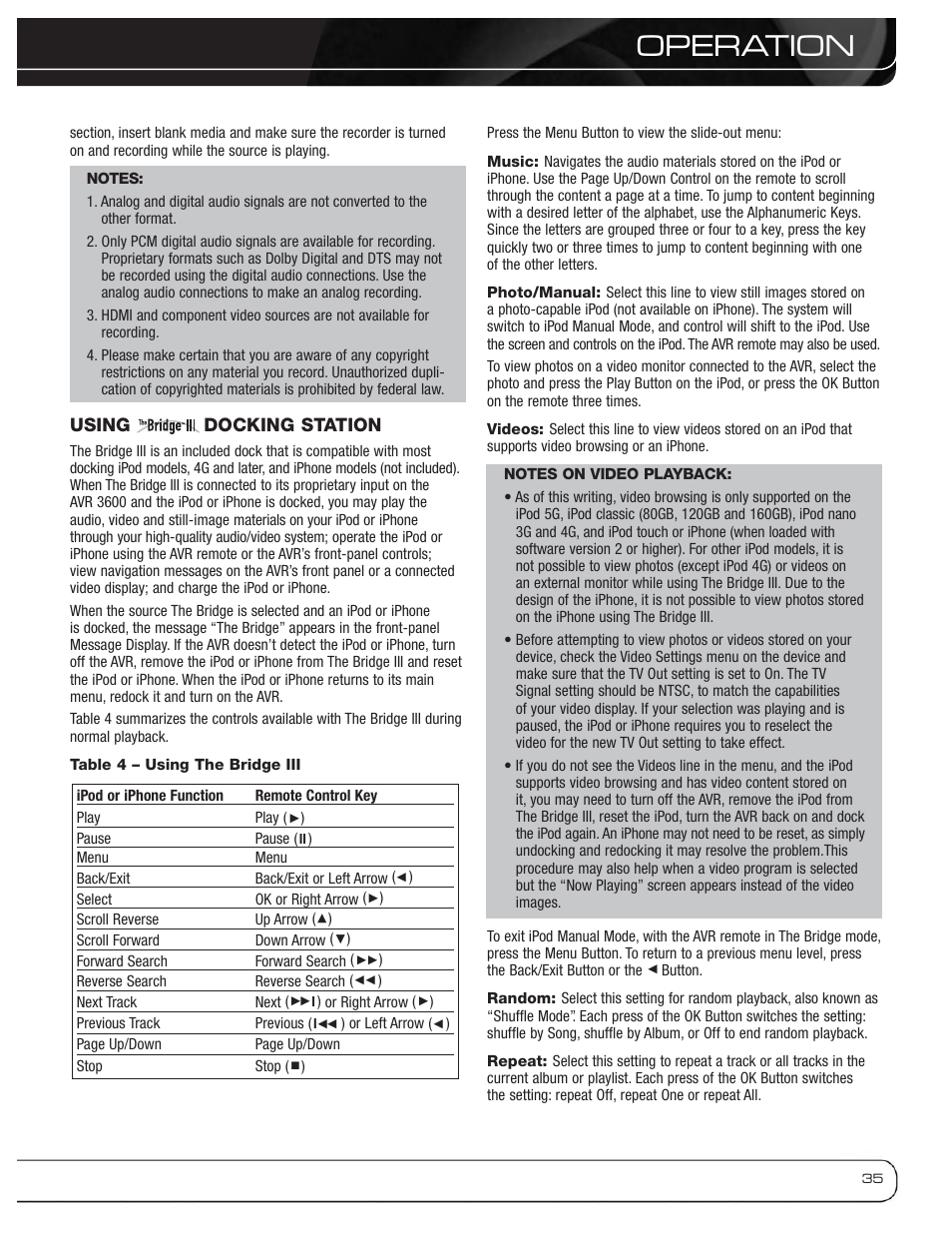 Operation | Harman-Kardon AVR 3600 User Manual | Page 35 / 66