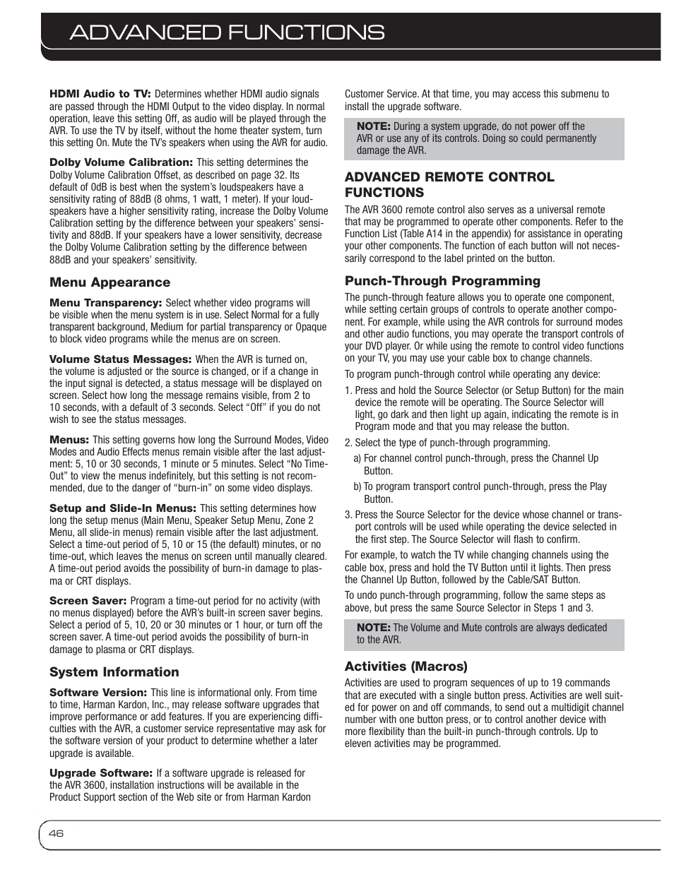 Advanced functions | Harman-Kardon AVR 3600 User Manual | Page 46 / 66