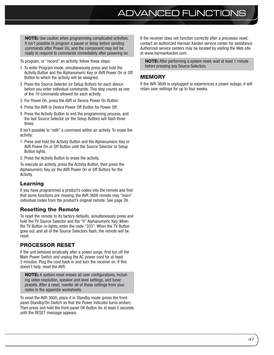 Advanced functions | Harman-Kardon AVR 3600 User Manual | Page 47 / 66
