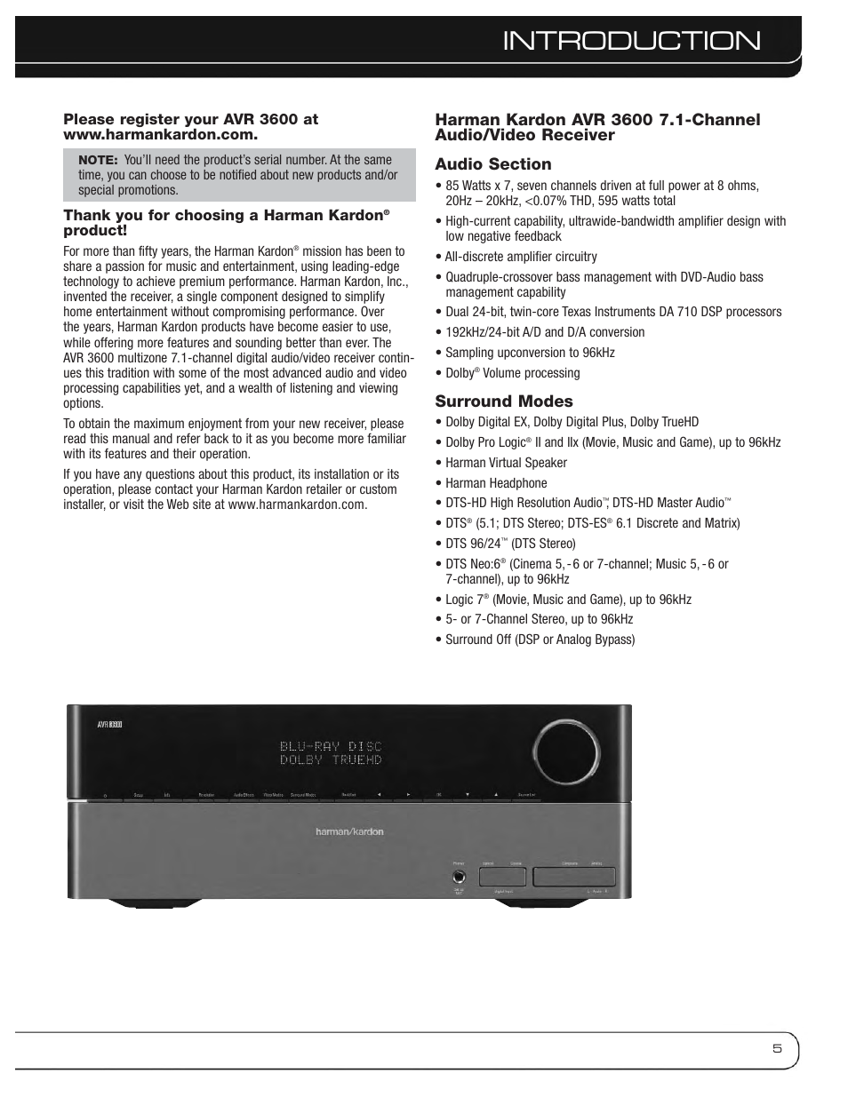 Introduction, Surround modes | Harman-Kardon AVR 3600 User Manual | Page 5 / 66