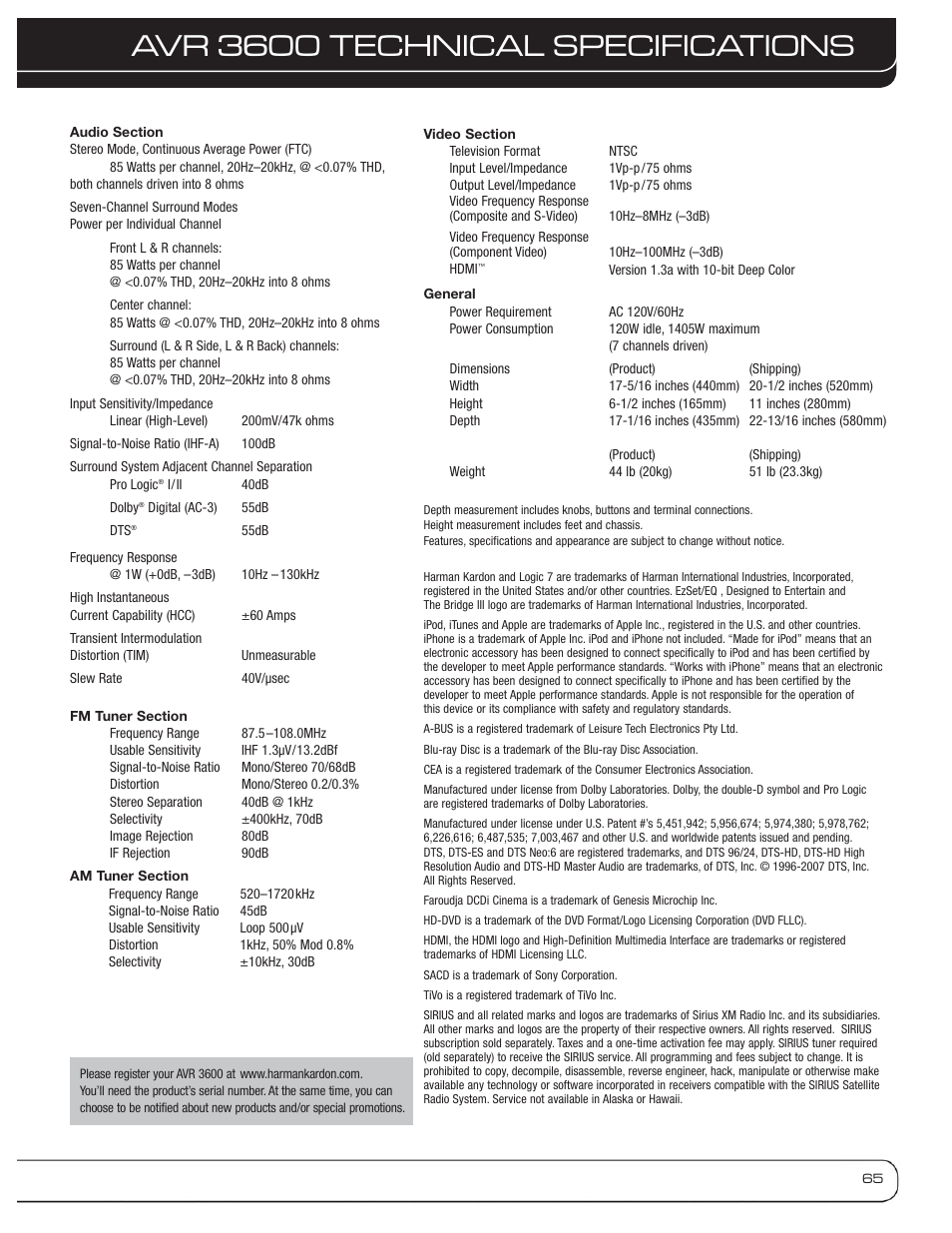 Avr 3600 technical specifications | Harman-Kardon AVR 3600 User Manual | Page 65 / 66