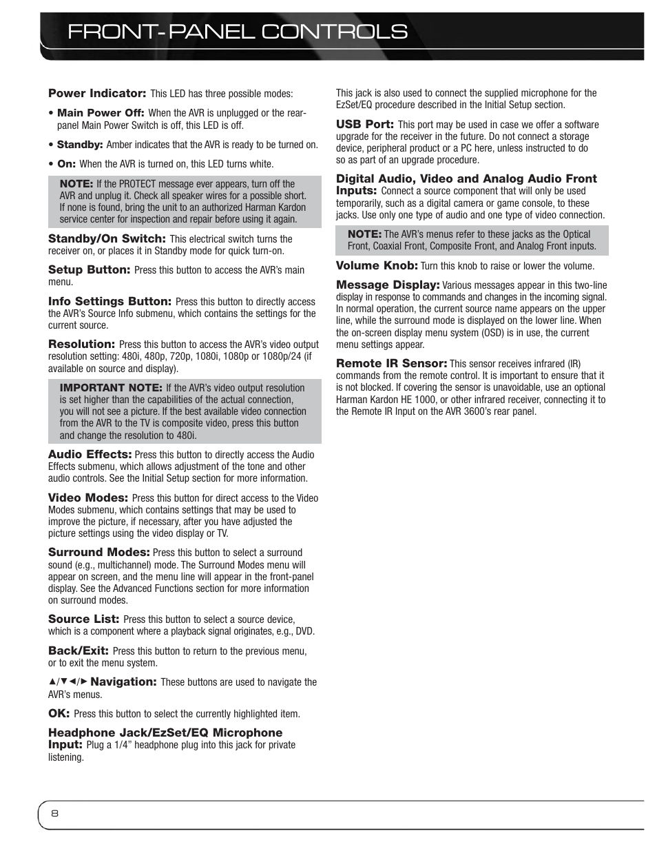 Front- panel controls | Harman-Kardon AVR 3600 User Manual | Page 8 / 66