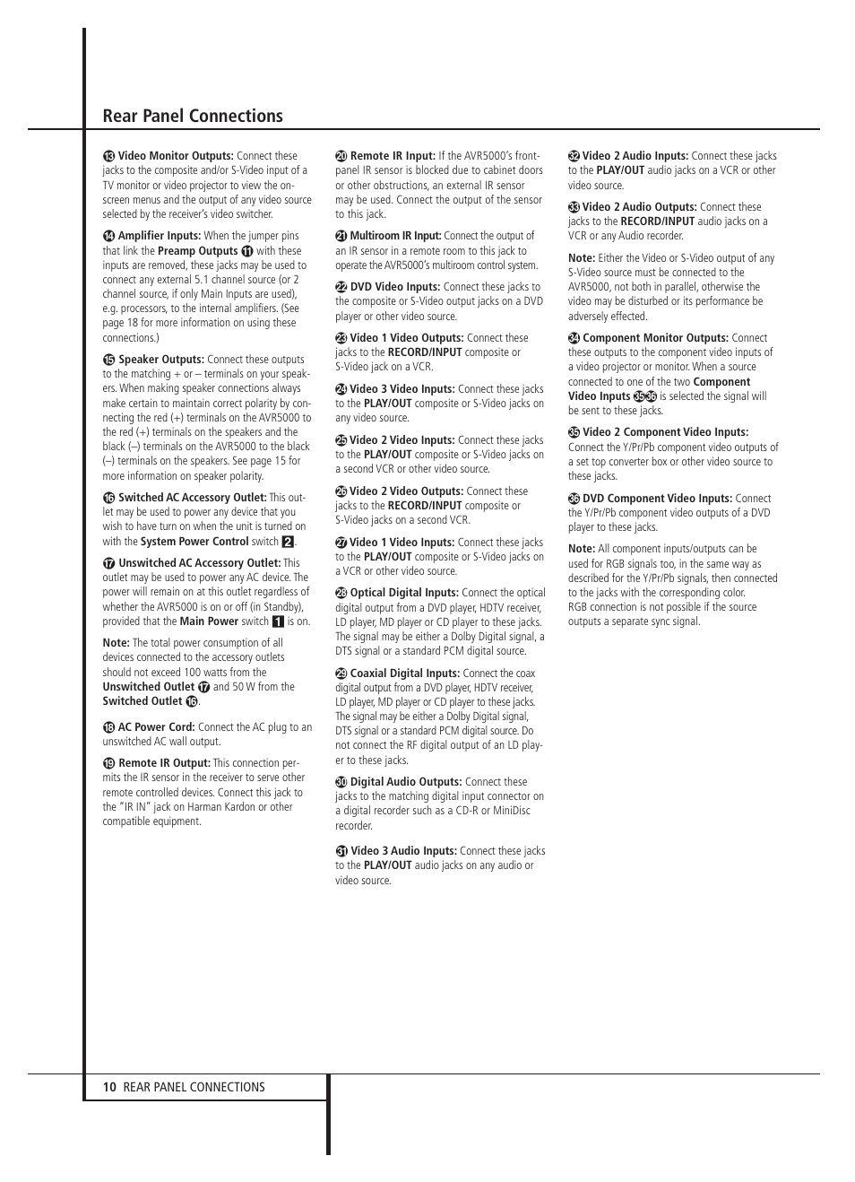 Rear panel connections | Harman-Kardon AVR 5000 User Manual | Page 10 / 58