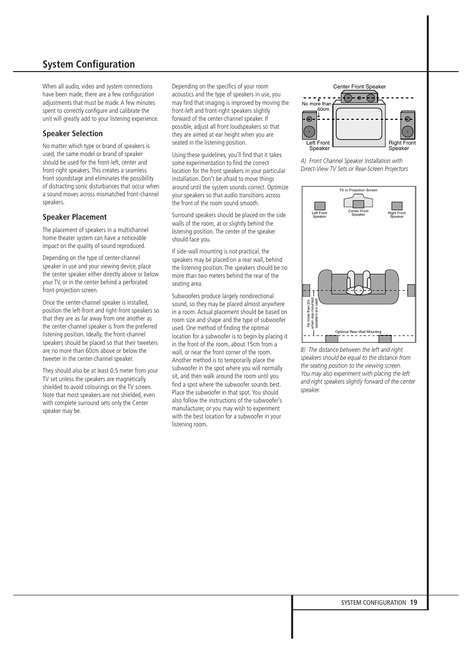 System configuration, Speaker selection, Speaker placement | Harman-Kardon AVR 5000 User Manual | Page 19 / 58