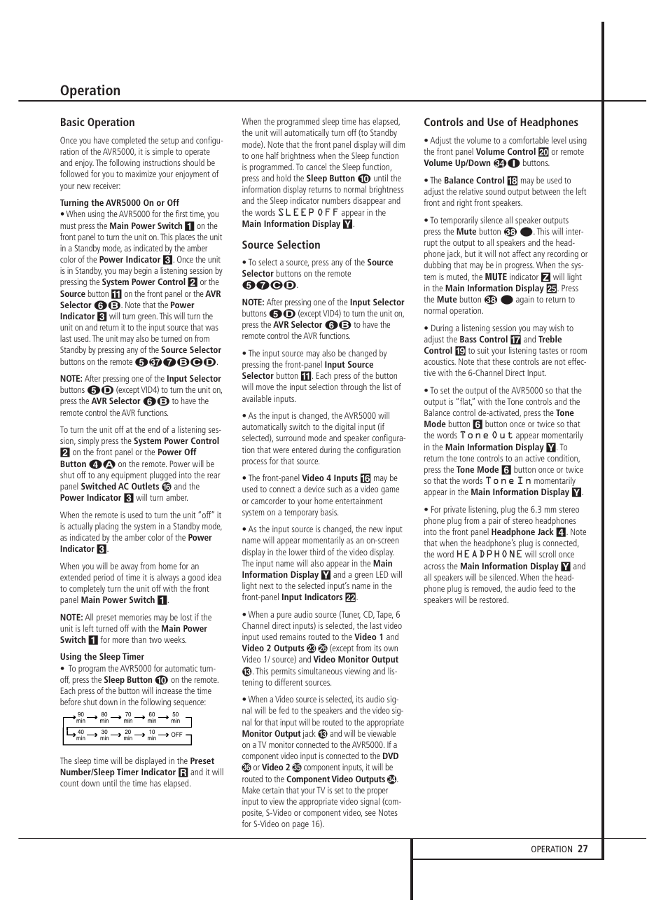 Operation, Basic operation, Source selection | Controls and use of headphones | Harman-Kardon AVR 5000 User Manual | Page 27 / 58
