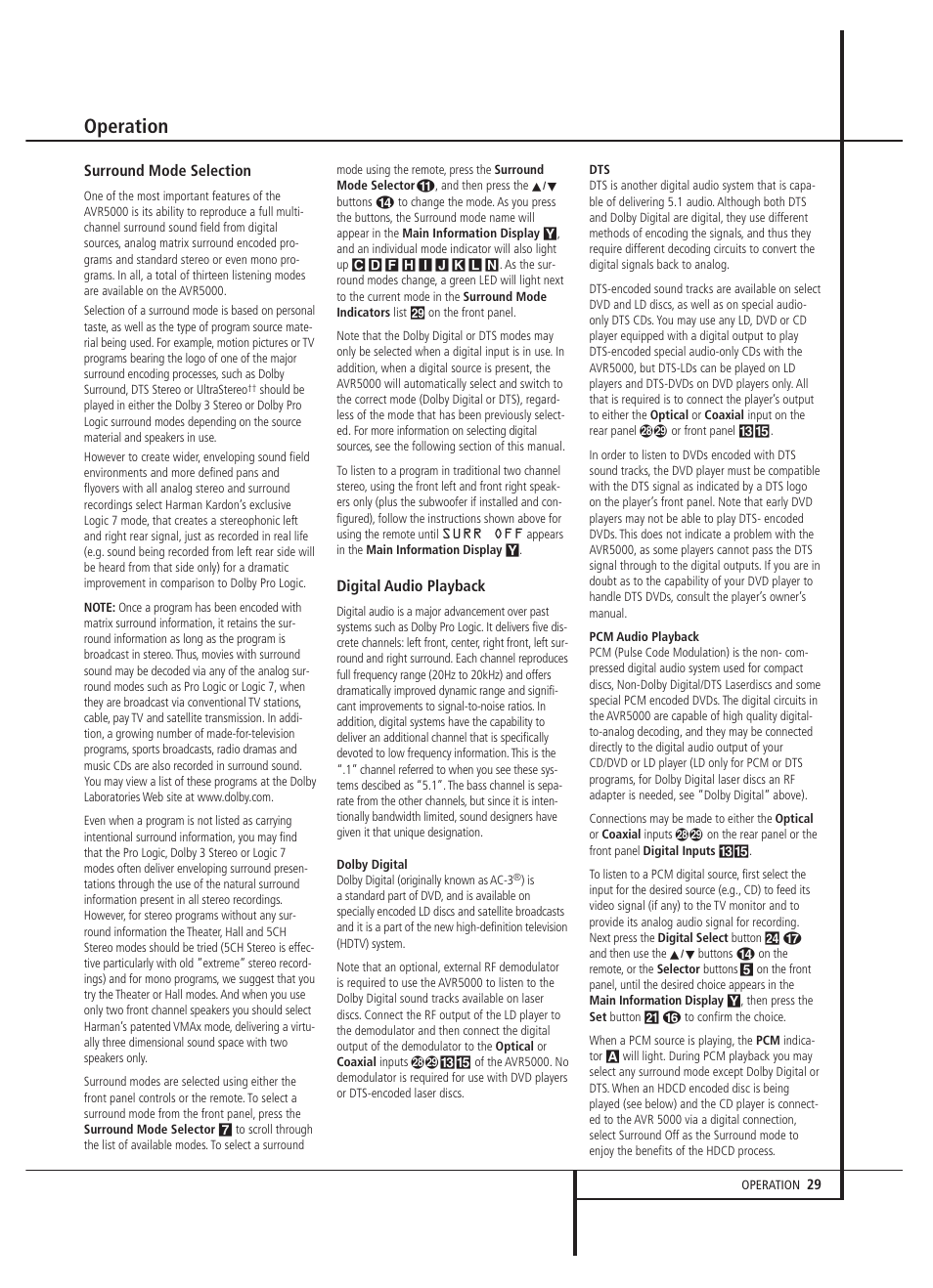 Operation | Harman-Kardon AVR 5000 User Manual | Page 29 / 58