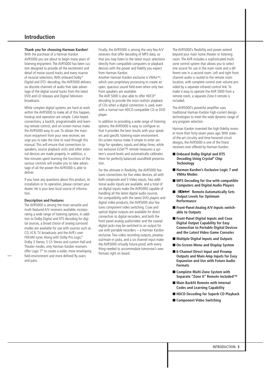 Introduction | Harman-Kardon AVR 5000 User Manual | Page 3 / 58