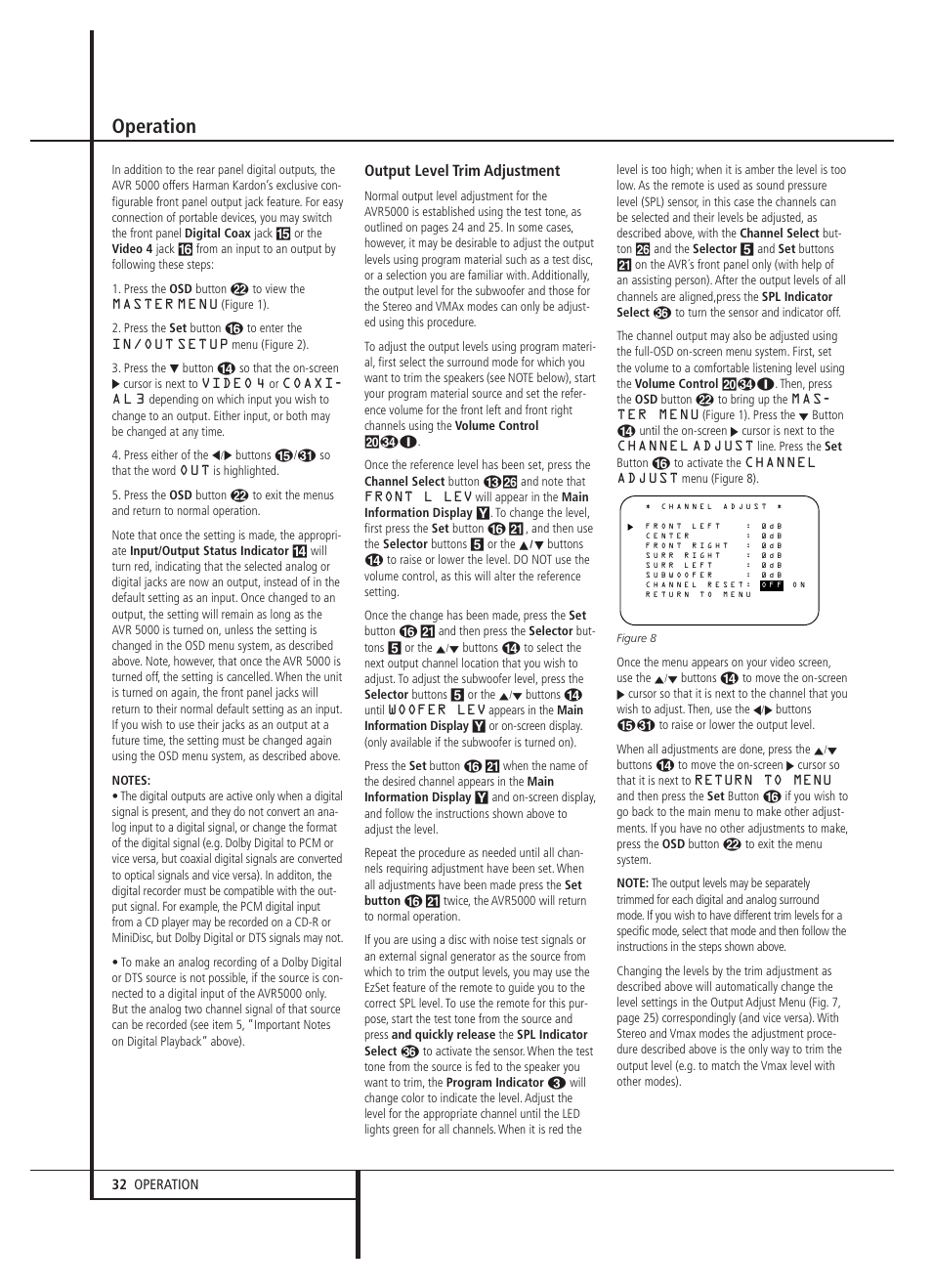 Operation, Output level trim adjustment | Harman-Kardon AVR 5000 User Manual | Page 32 / 58