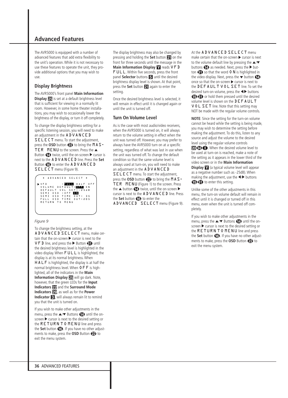 Advanced features, Display brightness, Turn on volume level | Harman-Kardon AVR 5000 User Manual | Page 36 / 58