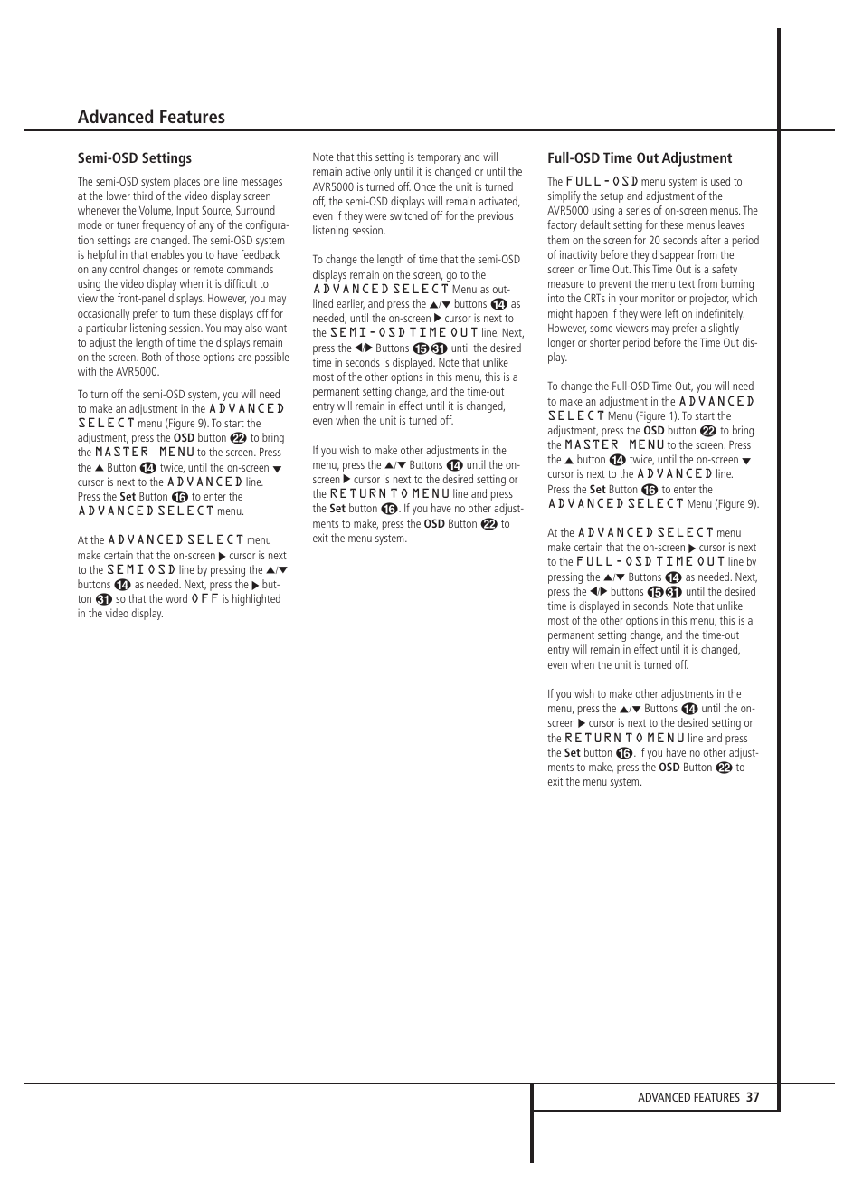 Advanced features, Semi-osd settings, Full-osd time out adjustment | Harman-Kardon AVR 5000 User Manual | Page 37 / 58