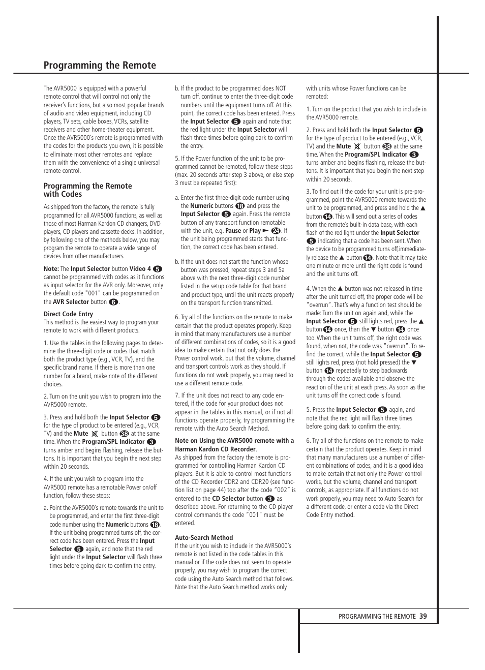 Programming the remote | Harman-Kardon AVR 5000 User Manual | Page 39 / 58