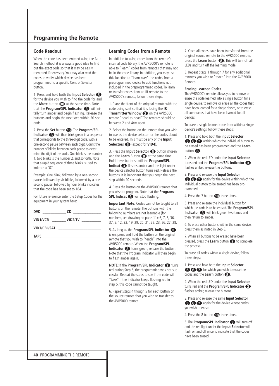 Programming the remote | Harman-Kardon AVR 5000 User Manual | Page 40 / 58